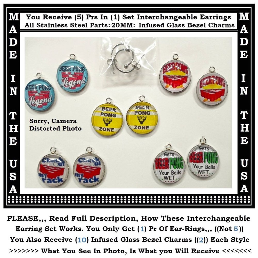 5/$20 Beer Pong Party Fun Drinking Interchangeable Charm Earrings-5 Pairs in Set
